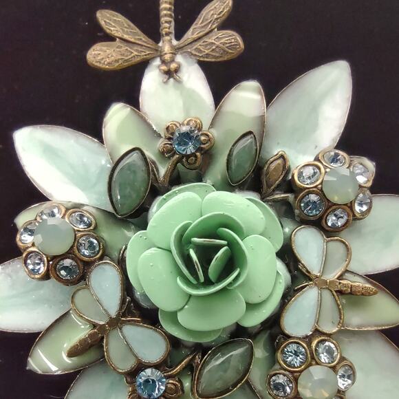 Floral & Dragonfly Brooch Enamel Encrusted Rhinestones Green Blue Flower Bee Pin - Picture 7 of 11